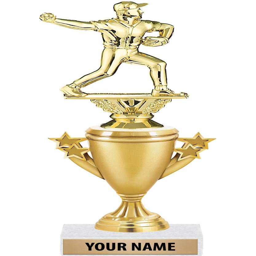 Baseball Pitcher Trophies - Gold - Baseball Pitcher Trophy Award - Custom Engraving On White Marble Base - 5 Pack