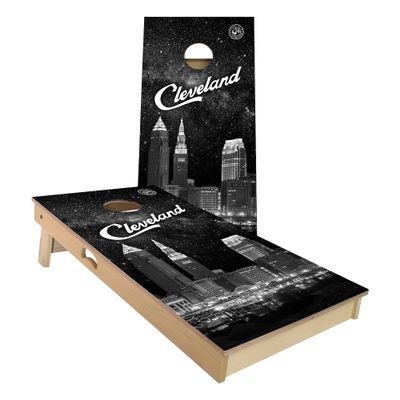 Skip's Garage Cleveland at Night All-Weather Cornhole Board Set - Regulation 2x4 (24" x 48") - Includes (2) Boards, (8) Bags, (2) Board Hole Lights & 2 Board Edge Lights