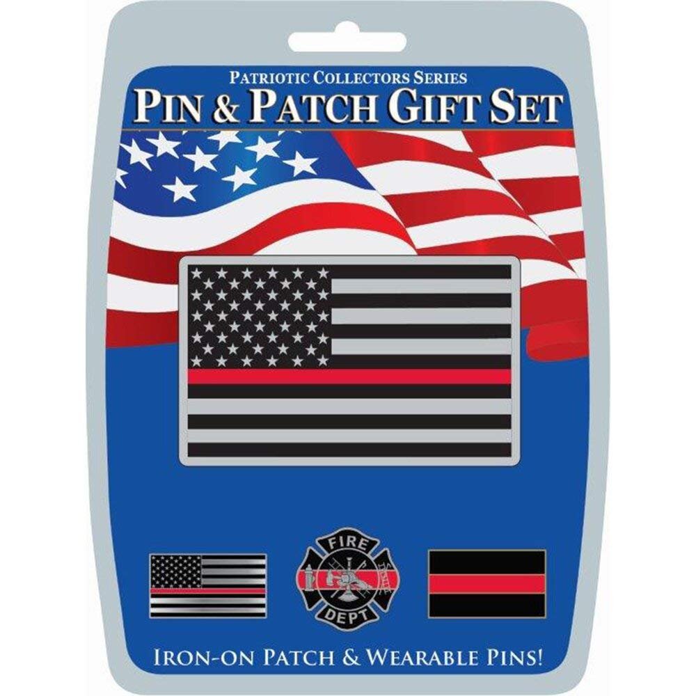 Patriotic Fire Red Line Flag Pin and Patch Gift Set