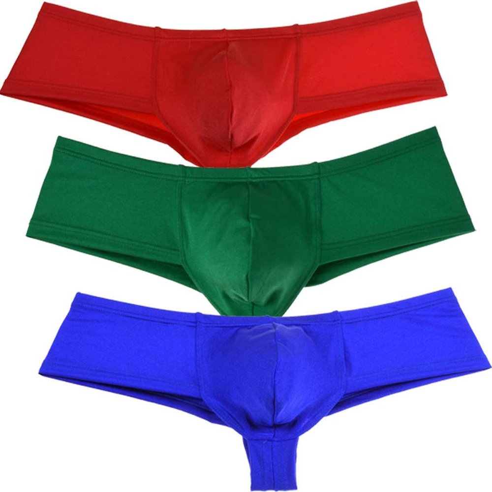 Jaxu Men's Elastic Spandex Thong Boxer Shiny Boxers Briefs Guys Pants Sexy Men Pouch Underwear 3-Pack red,green,blue XL XU275 Brazilain Bikini Underwear