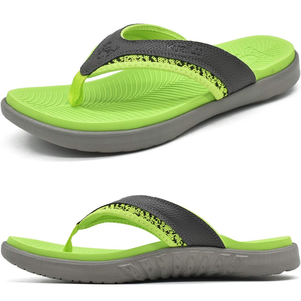 KuaiLu Mens Leather Sport Flip Flops Comfort Orthotic Thong Sandals with Plantar Fasciitis Arch Support for Outdoor Summer