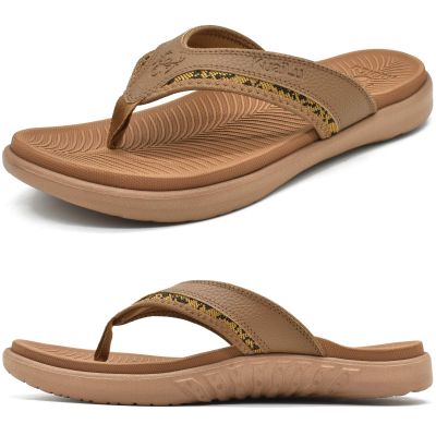 KuaiLu Mens Leather Sport Flip Flops Comfort Orthotic Thong Sandals with Plantar Fasciitis Arch Support for Outdoor Summer