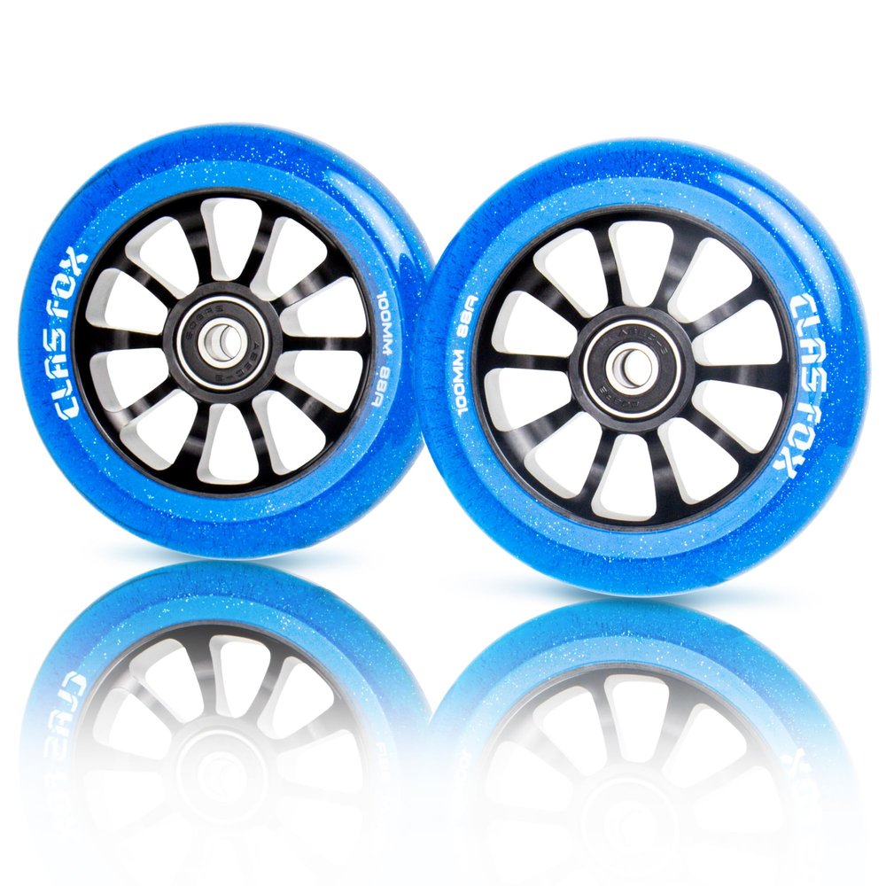 CLAS FOX Pro Scooter Wheels 100mm Transparent Sparkle PU with ABEC-9 Bearings CNC Metal Core (2pcs) (Blue)