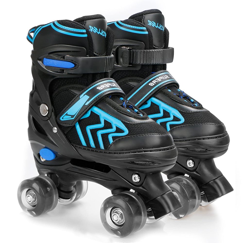 Kids Roller Skates for Boys Adjustable Roller Skates for Boys, Girls with 8 Wheels Lighting for Indoor Outdoor Quad Skates (Black&Blue, Small - Little Kid)
