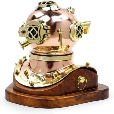 Piru Polished Brass Copper Diving Helmet Wood Base Authentic Diver Nautical Decor