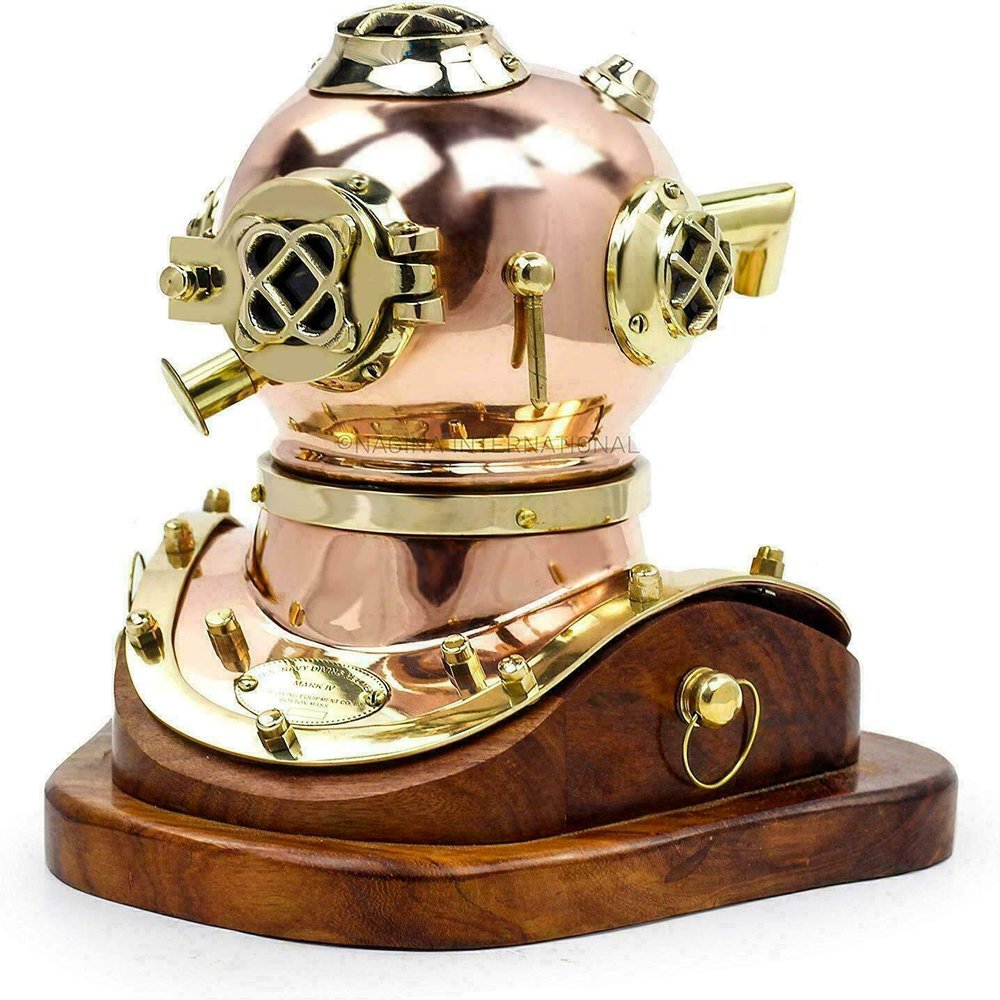 Piru Polished Brass Copper Diving Helmet Wood Base Authentic Diver Nautical Decor