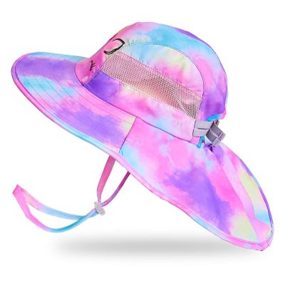 Kids Sun Hat UV Protection Summer Beach Play Hats Wide Brim Neck Flap for Girls Boys 2-9 Years, Purple Aqua Tie Dye