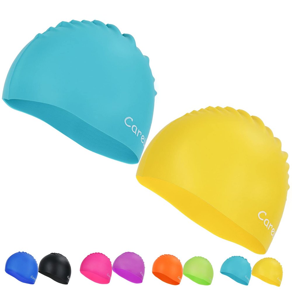Swim Cap, 2 Pack Durable Silicone Swimming Caps for Kids Girls Boys Youths (Age 2-12), Soft 3D Ergonomic Waterproof Kids Swim Caps, Comfortable Fit for Long Hair and Short Hair
