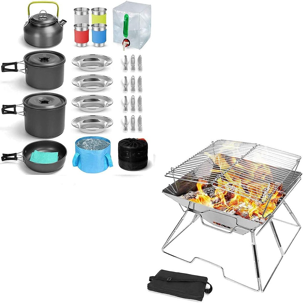 Odoland Bundle - 2 Items 29pcs Camping Cookware Mess Kit and Folding Campfire Grill for Outdoor Backpacking Hiking BBQ
