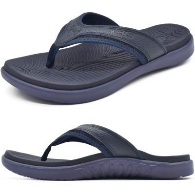 KuaiLu Mens Leather Sport Flip Flops Comfort Orthotic Thong Sandals with Plantar Fasciitis Arch Support for Outdoor Summer