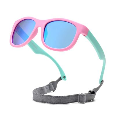Hycredi Flexible Polarized Sunglasses with Strap for Baby Age 0-2 Years (Pink Green/Mirrored Blue)