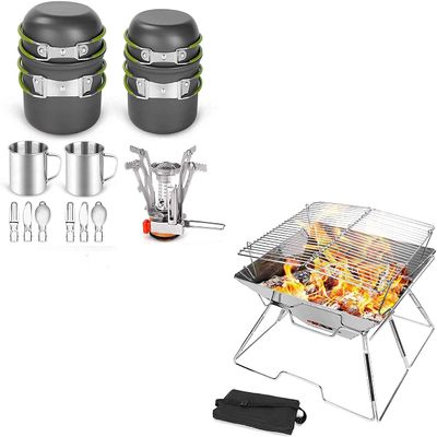 Odoland 16pcs Camping Cookware Mess Kit and Folding Campfire Grill for Outdoor Backpacking Hiking BBQ