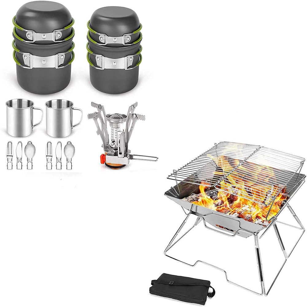 Odoland 16pcs Camping Cookware Mess Kit and Folding Campfire Grill for Outdoor Backpacking Hiking BBQ