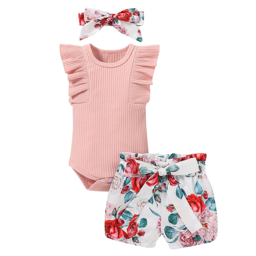 Hundofam Baby Girl Clothes Infant Summer Outfits Set Ruffle Sleeve Romper Floral Pants 3PCS Bodysuit +Shorts +Headband (Pink, 3-6 Months)