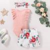 Hundofam Baby Girl Clothes Infant Summer Outfits Set Ruffle Sleeve Romper Floral Pants 3PCS Bodysuit +Shorts +Headband (Pink, 3-6 Months) view 2