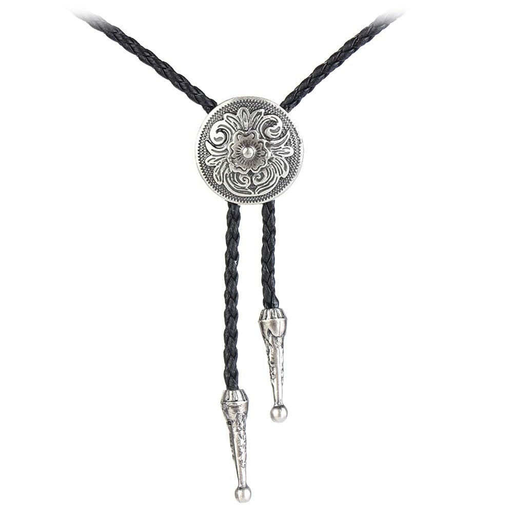 AZORA Bolo Tie for Handmade Round Flower Shape Mens Bolo Tie Silver Flower Rodeo Leather Necktie Bolo Necklace