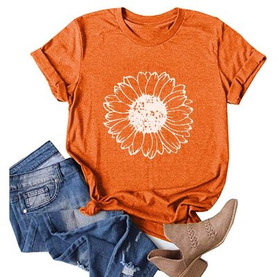 WUAI Sunflower Shirts for Women Cute Funny Summer Short Sleeve Loose Graphic Tee Shirts Tops(Orange,X-Large)