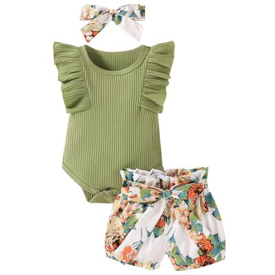 Hundofam Baby Girl Clothes Infant Summer Outfits Set Ruffle Sleeve Romper Floral Pants 3PCS Bodysuit +Shorts +Headband (Green, 3-6 Months)
