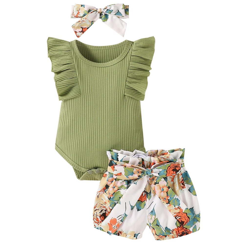 Hundofam Baby Girl Clothes Infant Summer Outfits Set Ruffle Sleeve Romper Floral Pants 3PCS Bodysuit +Shorts +Headband (Green, 3-6 Months)
