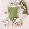 Hundofam Baby Girl Clothes Infant Summer Outfits Set Ruffle Sleeve Romper Floral Pants 3PCS Bodysuit +Shorts +Headband (Green, 3-6 Months) view 2