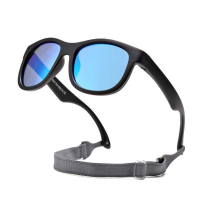 Hycredi Flexible Polarized Sunglasses with Strap for Baby Age 0-2 Years (Black/Mirrored Blue)