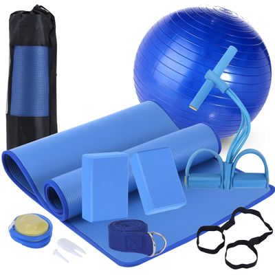 KXEXK Yoga Mat Set for Beginners,Yoga Mat with Carrying Strap,Yoga Blocks 2 Pack with Yoga Strap,Yoga Ball,Ankle Puller,11-Piece Yoga Kits and Sets for Beginners,Yoga Starter Kit for Women Men (Blue)