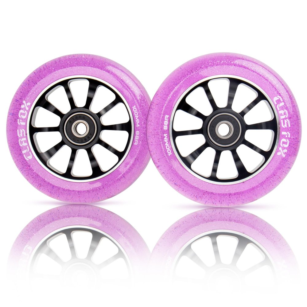 CLAS FOX Pro Scooter Wheels 100mm Transparent Sparkle PU with ABEC-9 Bearings CNC Metal Core (2pcs) (Purple)
