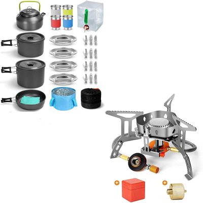 Odoland Bundle - 2 Items 29pcs Camping Cookware Mess Kit and 3500W Windrpoof Camp Stove Camping Gas Stove Kit