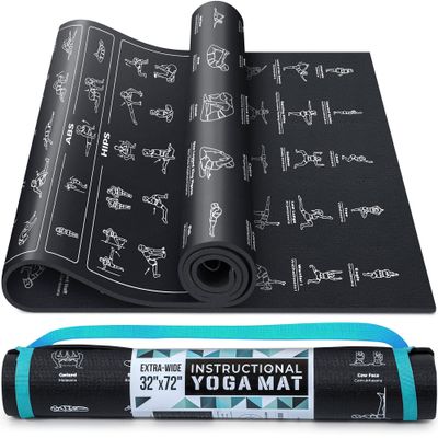 Instructional Yoga Mat with Carrying Strap: Cute Yoga Mat with 75 Illustrated Yoga Poses + 75 EasilyFollowed Stretching Exercises 14 Thick, NonToxic, NonSlip Yoga Mats for Women and Men (Jet
