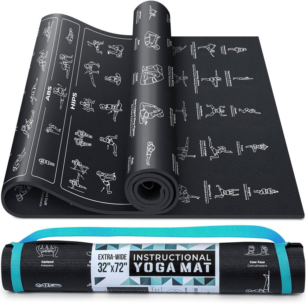 Instructional Yoga Mat with Carrying Strap: Cute Yoga Mat with 75 Illustrated Yoga Poses + 75 EasilyFollowed Stretching Exercises 14 Thick, NonToxic, NonSlip Yoga Mats for Women and Men (Jet