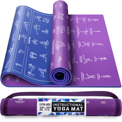 GRAND BASICS Extra Large 72"x32" Instructional Yoga Mat with 75 Illustrated Poses & Stretches, Non-Slip, Eco-Friendly PVC, Blue & Purple, For Beginners & Kids