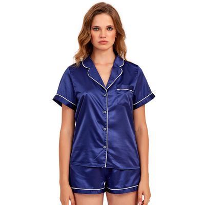 MISSIMIA Womens Pajamas Set Short Sleeve Sleepwear Button Down Nightwear Satin Pj Lounge Sets XS-XL Navy-white