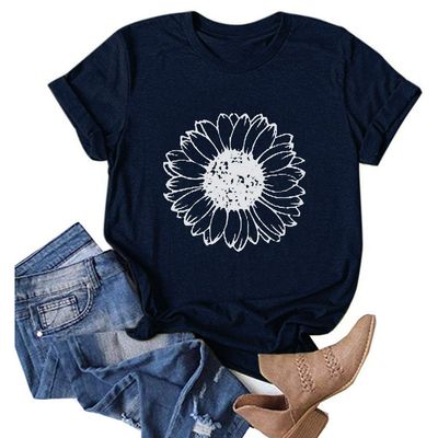 WUAI Sunflower Shirts for Women Cute Funny Summer Short Sleeve Loose Graphic Tee Shirts Tops(Navy,Small)