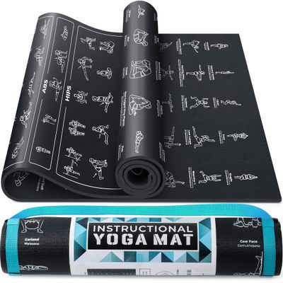 Instructional Yoga Mat with Poses Printed On It & Carrying Strap - 75 Illustrated Yoga Poses & 75 Stretches - Cute Non-Slip, 1/4" Extra-Thick Mat For Beginners