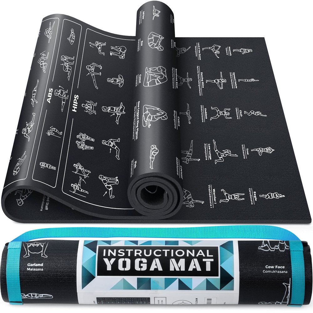 Instructional Yoga Mat with Poses Printed On It & Carrying Strap - 75 Illustrated Yoga Poses & 75 Stretches - Cute Non-Slip, 1/4" Extra-Thick Mat For Beginners