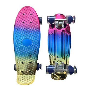 Skateboard Complete 22 inch Cruiser for Kids Youth Beginners Plastic Retro Style PU Wheels (Metallic Rainbow)