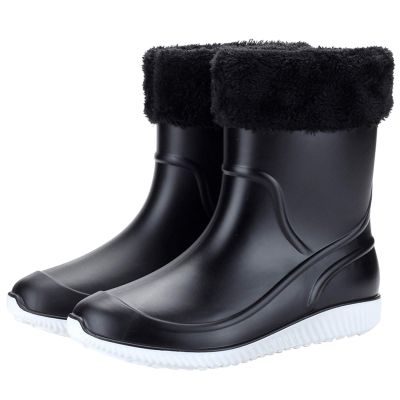 ANUFER Men's Mid-Calf Snow Rain Boots Outdoor Waterproof Gardening Farm Boots with Removable Fluff Lining Black 2 SN01622 US9.5