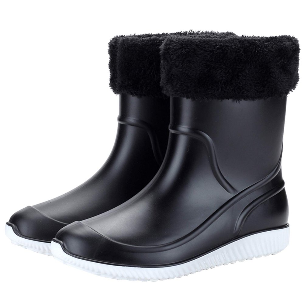 ANUFER Men's Mid-Calf Snow Rain Boots Outdoor Waterproof Gardening Farm Boots with Removable Fluff Lining Black 2 SN01622 US9.5