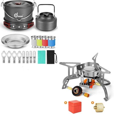 Odoland Bundle 2 Items 22pcs Camping Cookware Mess Kit and 3500W Windrpoof Camp Stove Camping Gas Stove Kit