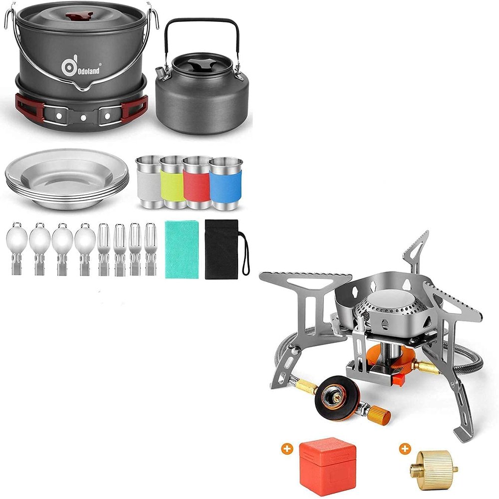Odoland Bundle  2 Items 22pcs Camping Cookware Mess Kit and 3500W Windrpoof Camp Stove Camping Gas Stove Kit