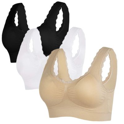 3 Pack Sports Lace Bras for Women Wirefree Push Up Seamless Fitness Running Yoga Sports Tops Vest (3XL 40B 40CD 42A 42BC, black/white/beige)
