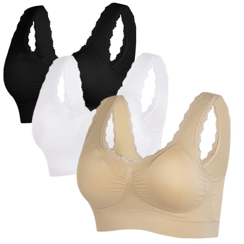 3 Pack Sports Lace Bras for Women Wirefree Push Up Seamless Fitness Running Yoga Sports Tops Vest (3XL 40B 40CD 42A 42BC, black/white/beige)