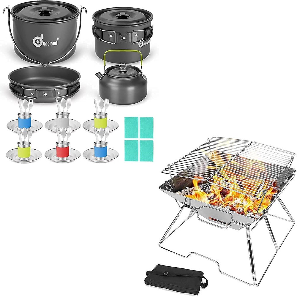 Odoland 39pcs Camping Cookware Mess Kit for 6 and More and Folding Campfire Grill for Outdoor Backpacking Hiking BBQ