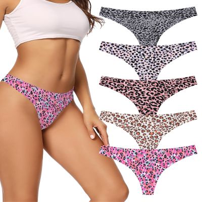 voenxe Seamless Thongs for Women No Show Thong Underwear Women 5-10 Pack (G-5 Pack Leopard Print, Small)