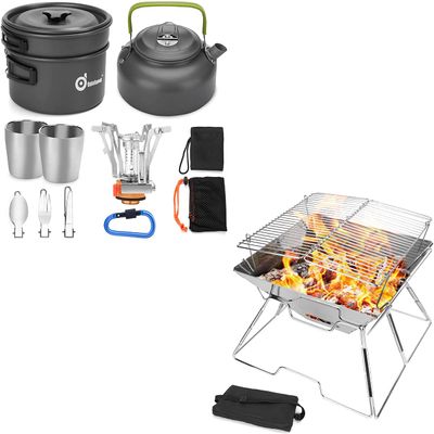 Odoland Bundle 2 Items 12pcs Camping Cookware Mess Kit with Mini Stove and Folding Campfire Grill for Outdoor Backpacking Hiking BBQ