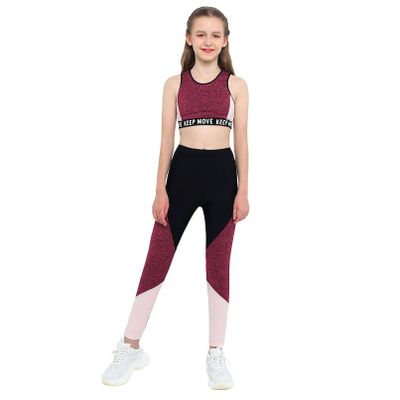 Moily Girls Two Piece Athletic Outfit Sleeveless Tank Top with Leggings for Gymnastics/Dance/Sports Splicing Red 8-10 Years