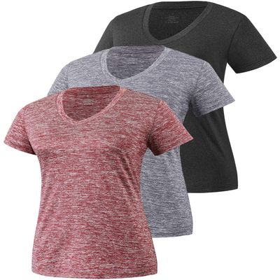 Xelky 3-4 Pack Women's V Neck Tshirt Short Sleeve Moisture Wicking Athletic Shirts Sport Activewear Fitness Workout Gym Tops 3Black/Gray/Wine Red M