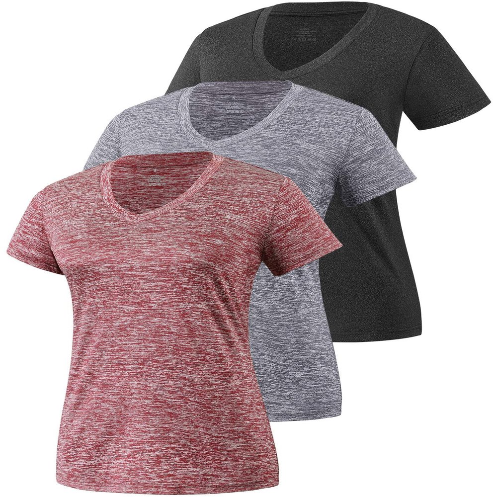 Xelky 3-4 Pack Women's V Neck Tshirt Short Sleeve Moisture Wicking Athletic Shirts Sport Activewear Fitness Workout Gym Tops 3Black/Gray/Wine Red M