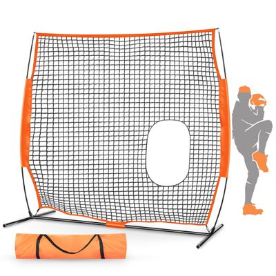 ORIENGEAR Pitch-Thru Protection Pitching Screen for Softball, 7x7FT 49 Sqft Barrier Portable Pitching Hitting Batting Practice Net, Open Area in Net for Ball to Pass Through