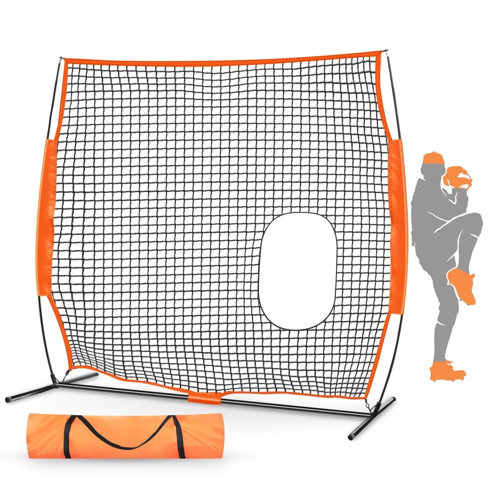ORIENGEAR Pitch-Thru Protection Pitching Screen for Softball, 7x7FT 49 Sqft Barrier Portable Pitching Hitting Batting Practice Net, Open Area in Net for Ball to Pass Through